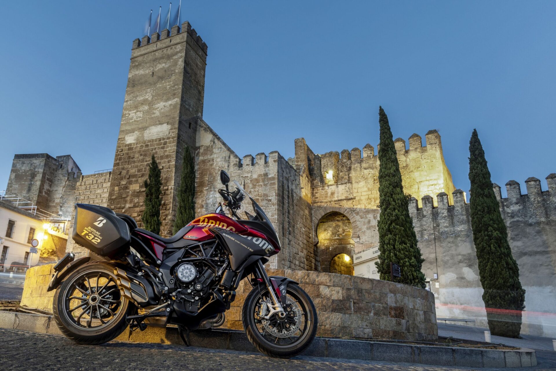 MV Agusta Turismo Veloce T32 tyres in front of historic building