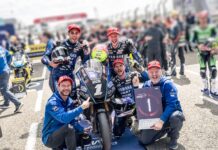 YART Yamaha goes back-to-back at Le Mans on Bridgestone tyres Yamaha racing team celebrating first place at an EWC endurance race with their number 1 motorcycle.