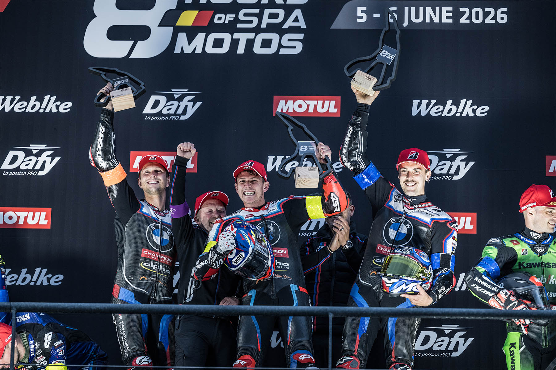 Markus Reiterberger, Steven Odendaal and Michael van der Mark celebrating BMW's home victory at the 8 Hours of Spa 2026.