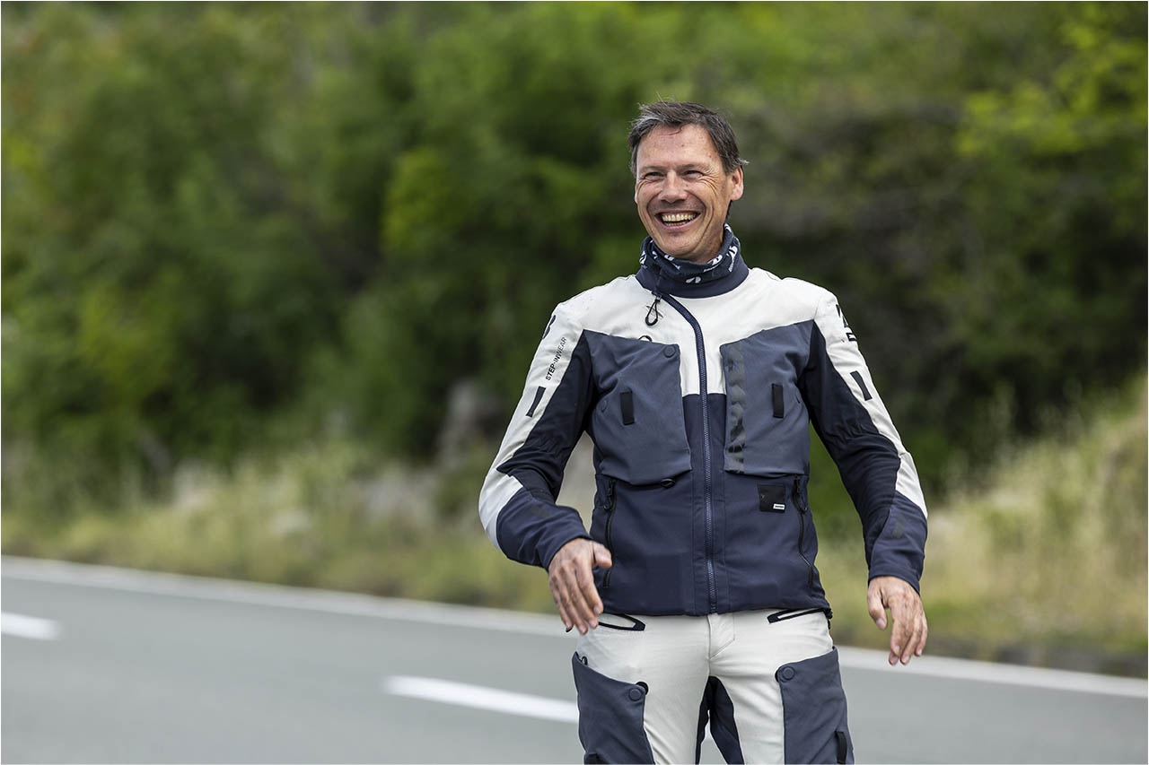 A rider in touring gear during a road test at the Bridgestone T33 launch event
