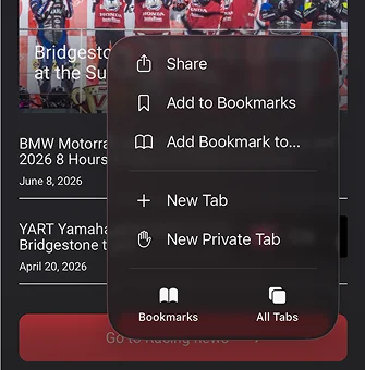 Browser menu open with the Share button highlighted.