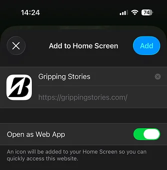Add to Home Screen dialog with the Gripping Stories app name and Add button.