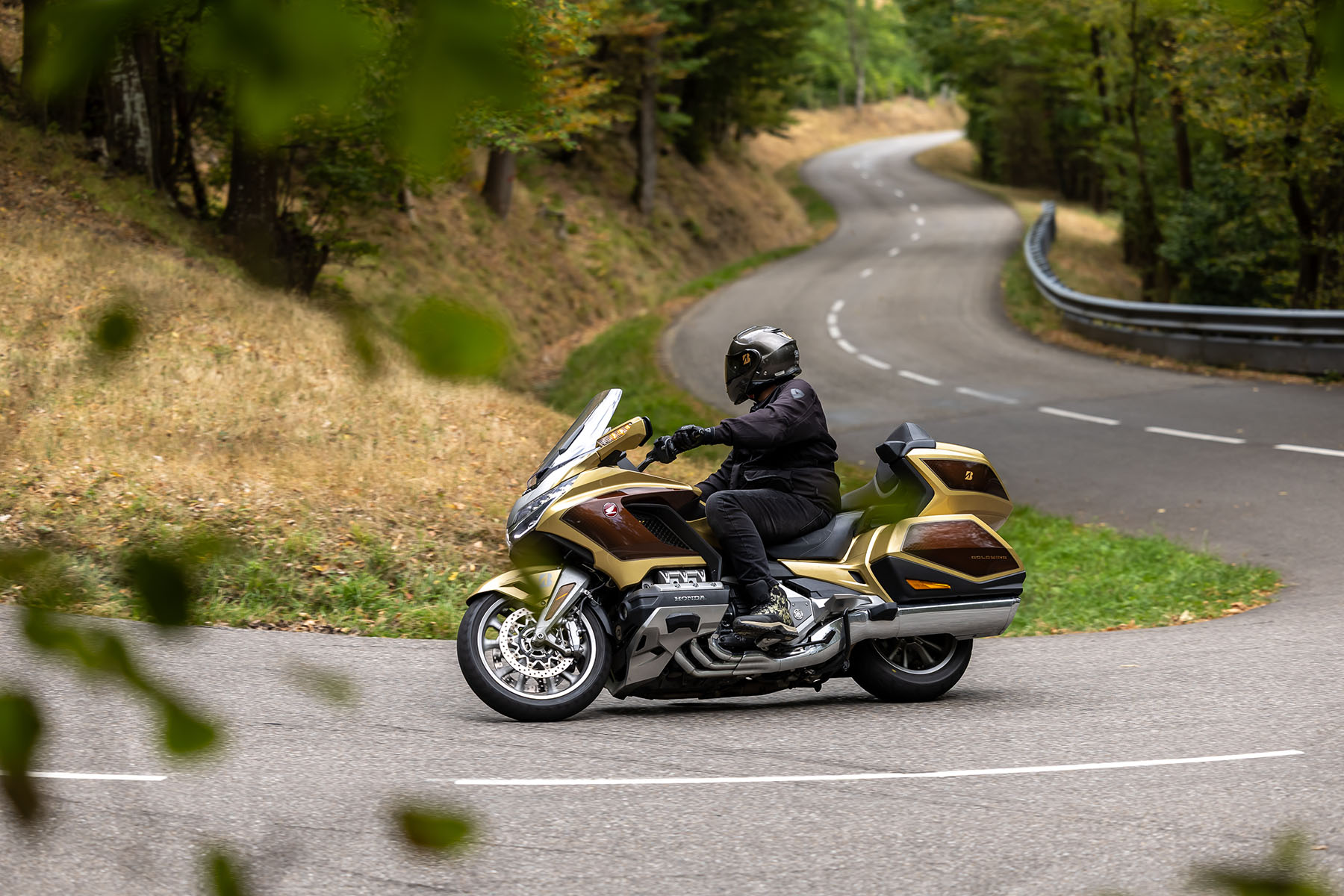 Honda GoldWing cornering smoothly on Bridgestone Exedra tyres under load